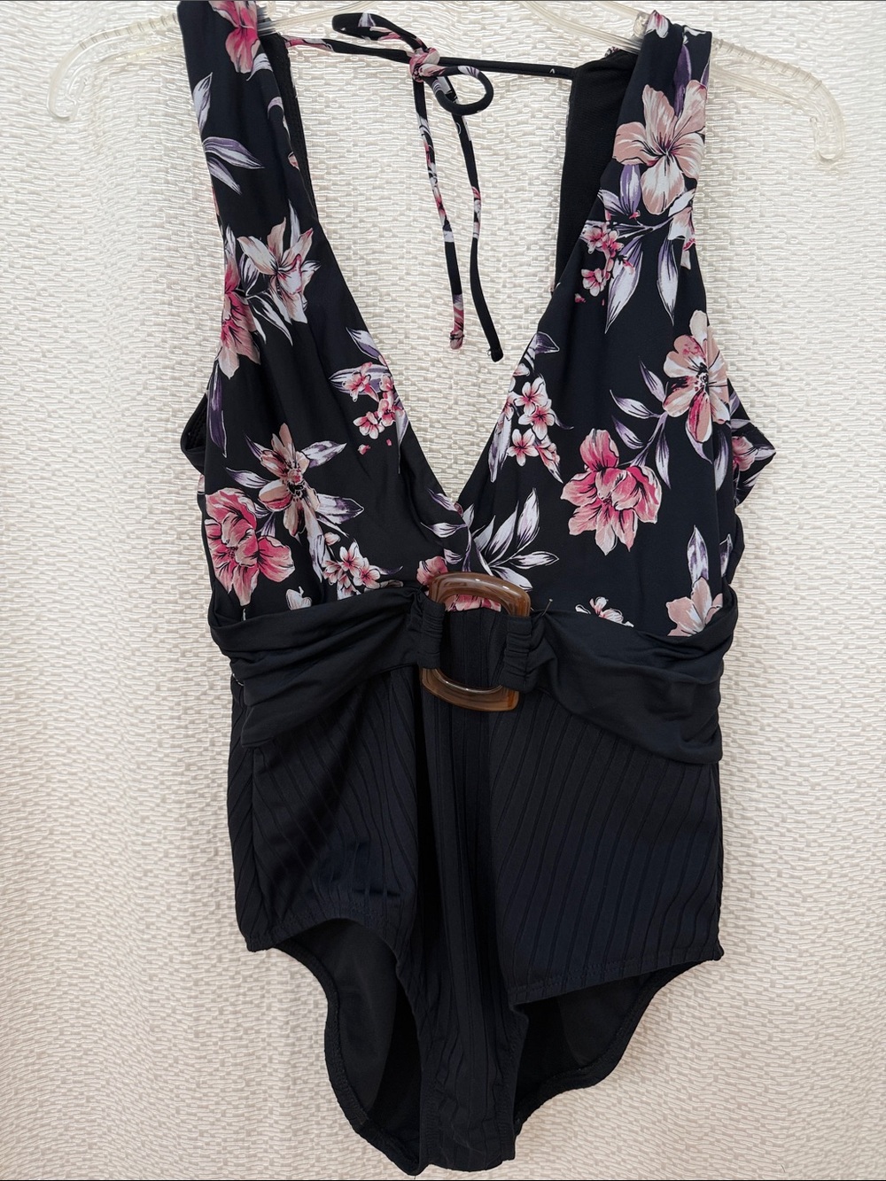 Time and Tru Black Floral One-Piece Swimsuit with Pink and Cream Flowers